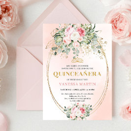 Stylish Blush Roses Greenery Quinceañera Invite 招待状