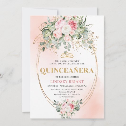 Stylish Blush Roses Greenery Quinceañera Invite 招待状 (正面)
