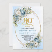 Stylish Bohemian Blue Floral Greenery 90 Birthday 招待状 (正面)