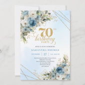 Stylish bohemian blue florals gold 70th birthday  招待状 (正面)
