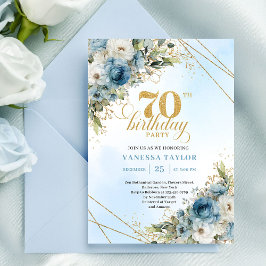 Stylish bohemian blue florals gold 70th birthday  招待状