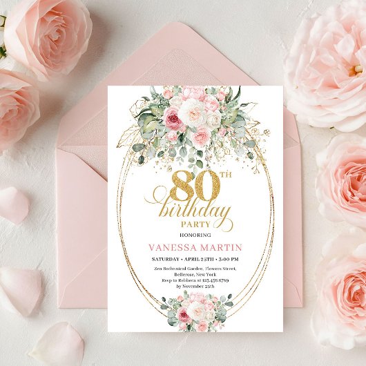 Stylish Bohemian Blush Floral Minimal 80 Birthday 招待状
