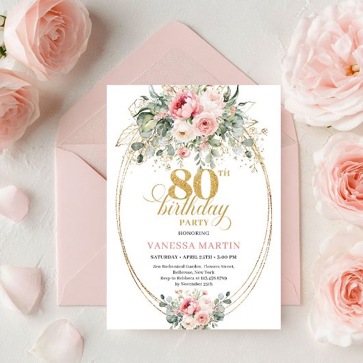Stylish Bohemian Blush Roses 80th Birthday Invite 招待状