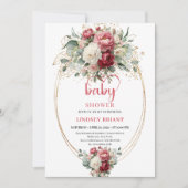 Stylish Bohemian Burgundy White Gold Floral Baby  招待状 (正面)