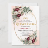 Stylish Bohemian Maroon Flowers Gold 15th Birthday 招待状 (正面)