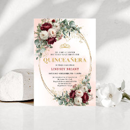 Stylish Bohemian Maroon Flowers Gold 15th Birthday 招待状