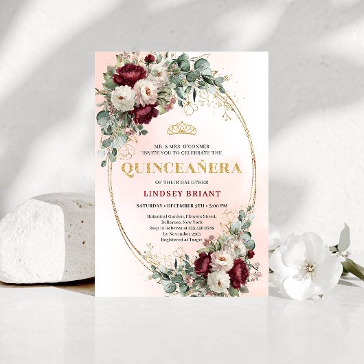 Stylish Bohemian Maroon Flowers Gold 15th Birthday 招待状