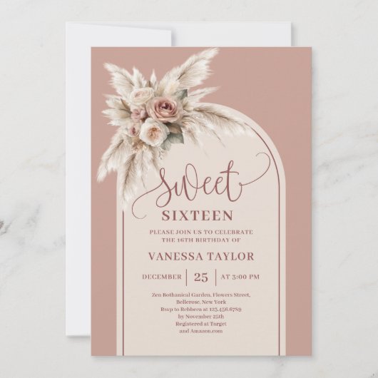 Stylish Boho Arch Powder Pink Pampas Floral 16th 招待状 (正面)