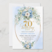 Stylish Boho Blue Gold Floral 70th Birthday Invite 招待状 (正面)
