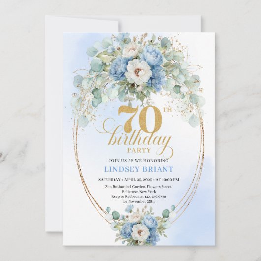 Stylish Boho Blue Gold Floral 70th Birthday Invite 招待状 (正面)