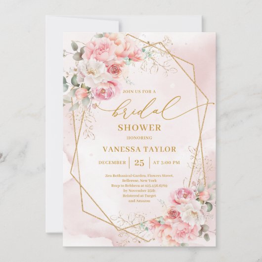 Stylish Boho Blush Gold Frame Bridal Shower Invite 招待状 (正面)