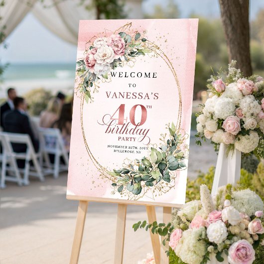 Stylish Boho Blush Pink Floral 40 Birthday Welcome ポスター