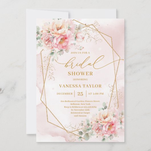 Stylish Boho Blush Pink Roses Gold Bridal Shower  招待状 (正面)