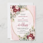 Stylish Boho Burgundy Blush Gold Floral Invitation 招待状 (正面)