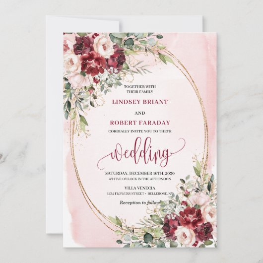 Stylish Boho Burgundy Blush Gold Floral Invitation 招待状 (正面)