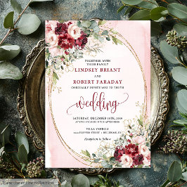Stylish Boho Burgundy Blush Gold Floral Invitation 招待状
