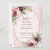 Stylish Boho Burgundy Blush Gold Floral Save date 招待状 (正面)