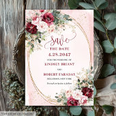 Stylish Boho Burgundy Blush Gold Floral Save date 招待状