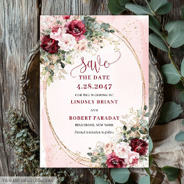 Stylish Boho Burgundy Blush Gold Floral Save date 招待状