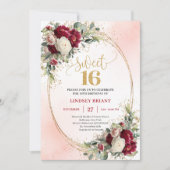 Stylish Boho Burgundy Blush Gold Floral Sweet 16th 招待状 (正面)