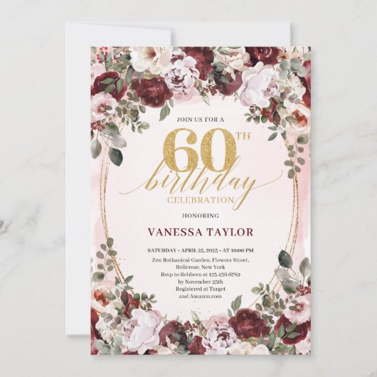 Stylish Boho Burgundy Floral 60th Birthday Invite 招待状 (正面)