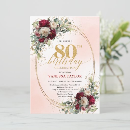 Stylish Boho Burgundy Gold 80th Birthday Invitatio 招待状 (スタンド正面)