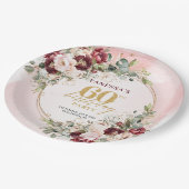 Stylish Boho Burgundy Gold Floral 60th Birthday  ペーパープレート (アングル)