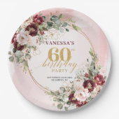 Stylish Boho Burgundy Gold Floral 60th Birthday  ペーパープレート (正面)
