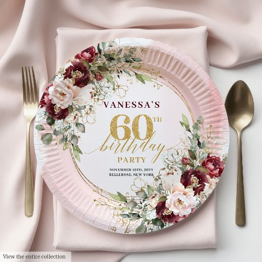 Stylish Boho Burgundy Gold Floral 60th Birthday  ペーパープレート