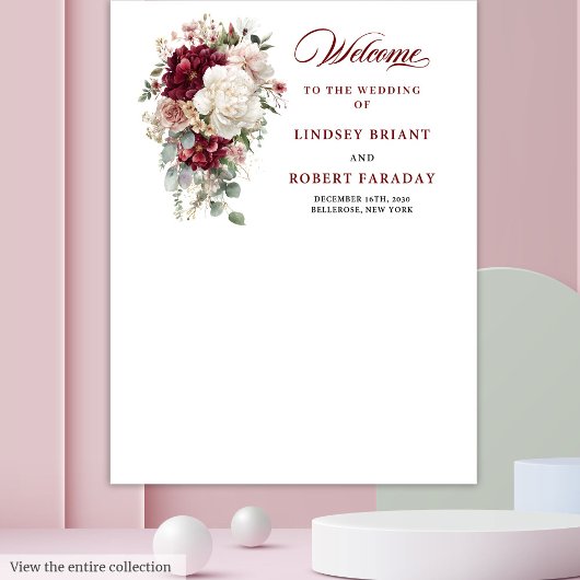 Stylish Boho Burgundy White Rose Wedding Backdrop タペストリー