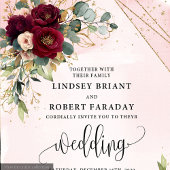 Stylish Boho Deep Red Gold Blush Flowers Wedding  招待状