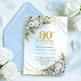 Stylish Boho Dusty Blue Gold Accent 90th Birthday 招待状