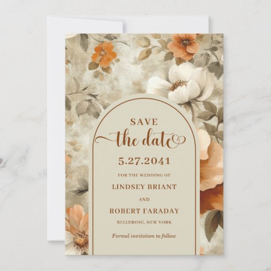Stylish Boho Earthy Ivory Olive Save The Date 招待状 (正面)