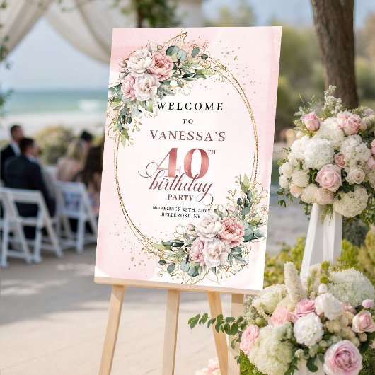 Stylish Boho Light Pink Greenery 40th Birthday  ポスター
