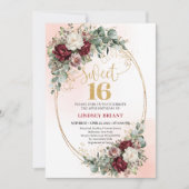 Stylish Boho Marsala Floral Gold Sweet 16 Birthday 招待状 (正面)