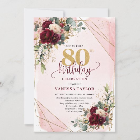 Stylish Boho Marsala Gold Flowers 80th Birthday  招待状 (正面)