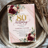 Stylish Boho Marsala Gold Flowers 80th Birthday  招待状