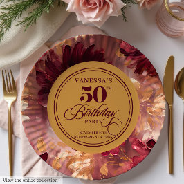 Stylish Boho Merlot Blush Gold 50th Birthday  ペーパープレート