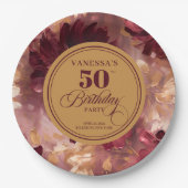 Stylish Boho Merlot Blush Gold 50th Birthday  ペーパープレート (正面)