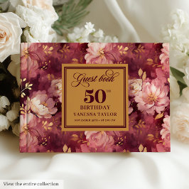 Stylish Boho Merlot Blush Gold Floral 50 Birthday ゲストブック