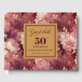 Stylish Boho Merlot Blush Gold Floral 50 Birthday ゲストブック (正面)
