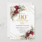 Stylish Boho Merlot White Gold Roses 90th Birthday 招待状 (正面)