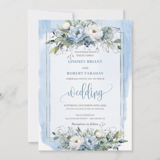 Stylish Boho Pastel Blue Silver Peonies Wedding  招待状 (正面)