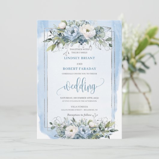 Stylish Boho Pastel Blue Silver Peonies Wedding 招待状 (スタンド正面)