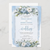 Stylish Boho Pastel Blue Silver Peonies Wedding  招待状 (正面/裏面)