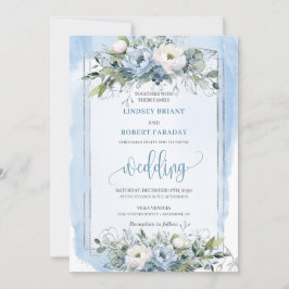 Stylish Boho Pastel Blue Silver Peonies Wedding  招待状