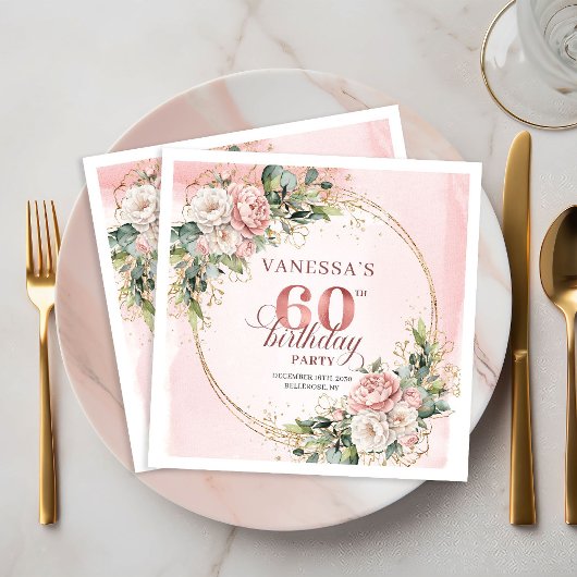 Stylish Boho Rose Gold Eucalyptus 60th Birthday  スタンダードカクテルナプキン