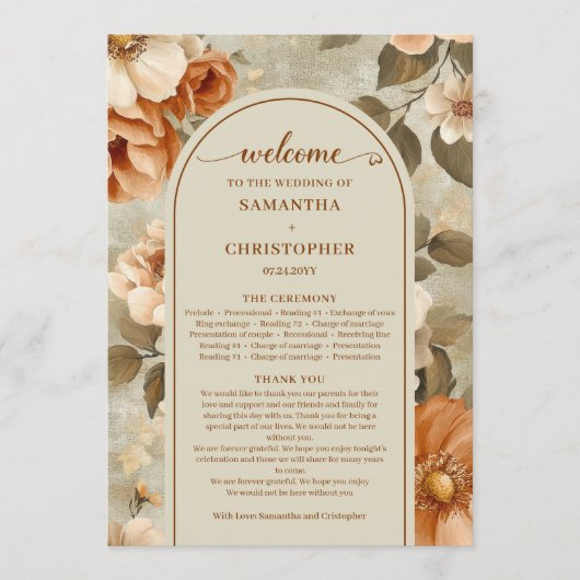 Stylish Boho Rusty Ivory Sage Floral Wedding Plan プログラム (正面)