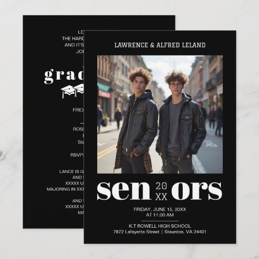 Stylish Bold Twins Sibling Senior Graduation TMF26 招待状 (正面/裏面)