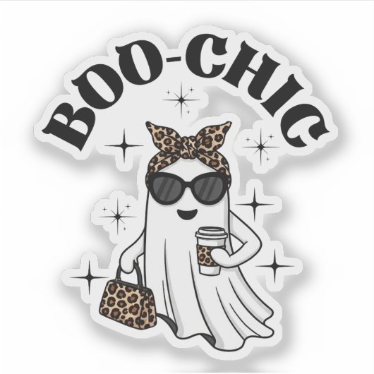 Stylish Boo-Chic Ghost with Leopard Print & Coffee シール (正面)
